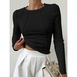 Commense Piping Black Long Sleeve Top with Unique‎ Seam Details Casual Chic M